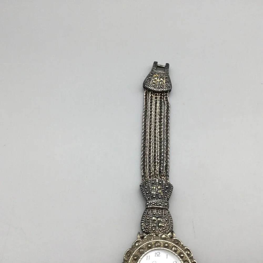 Pamex Womens Watch 26mm Silver Tone Marcasite MOP Dial New Battery 6.5